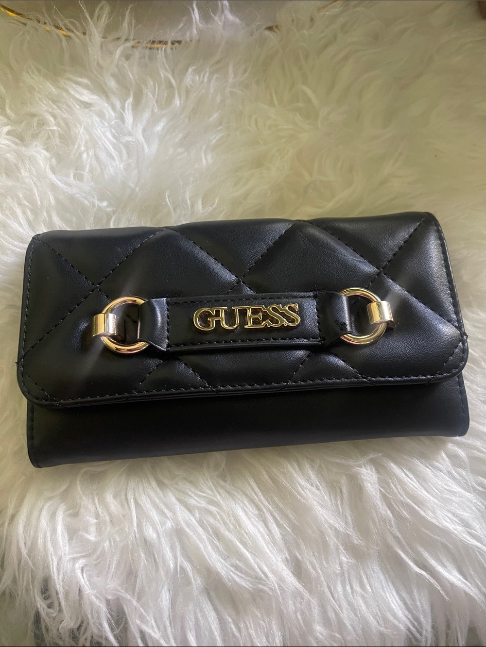 GUESS Black Quilted Wallet with Gold Logo Accent